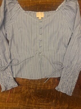 Blue and White Striped Button-Front Peasant Blouse